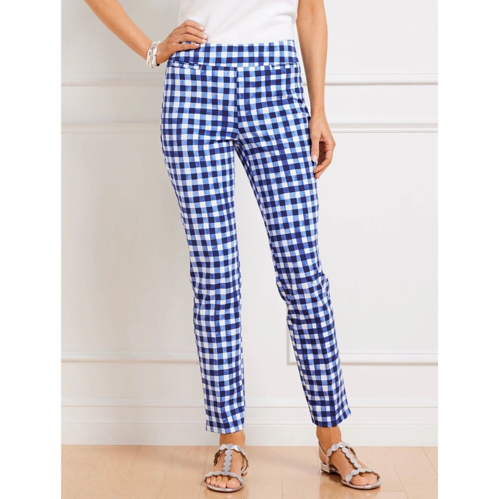 NWT $109 Talbots Chatham Ankle Stretch Pants Blue White Gingham Women Size 12
